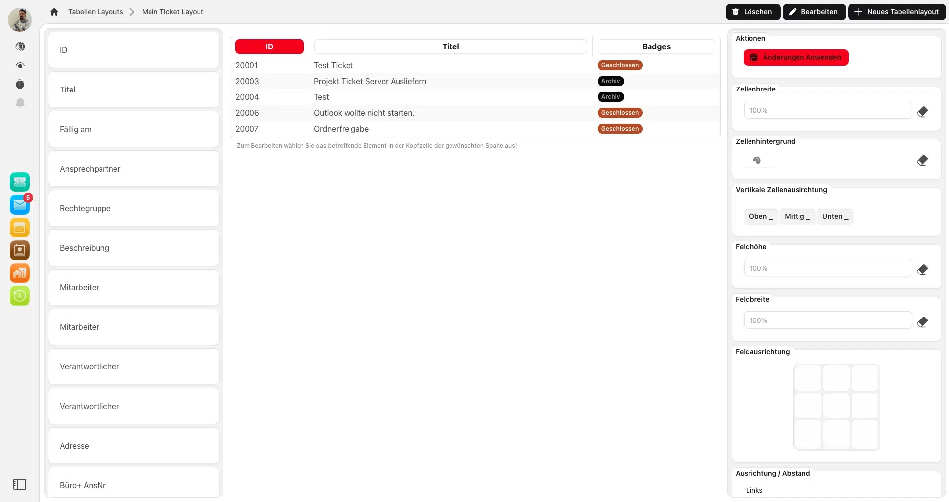 Tabellen-Layouts für die Ticketübersicht