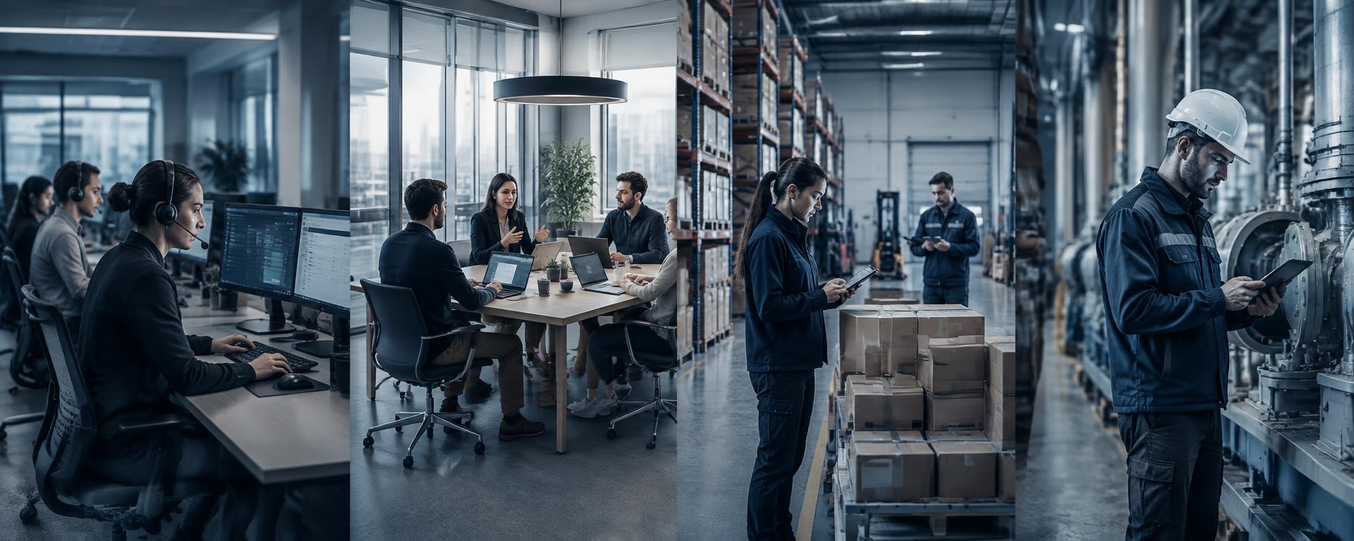 Vier Arbeitswelten vereint: IT-Support, Besprechung, Lager und Außendienst